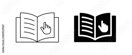 Book reading icon. E-book and pointing symbol