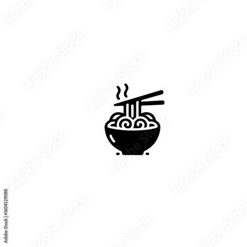 A simple black and white icon of a bowl of noodles with chopsticks and rising steam