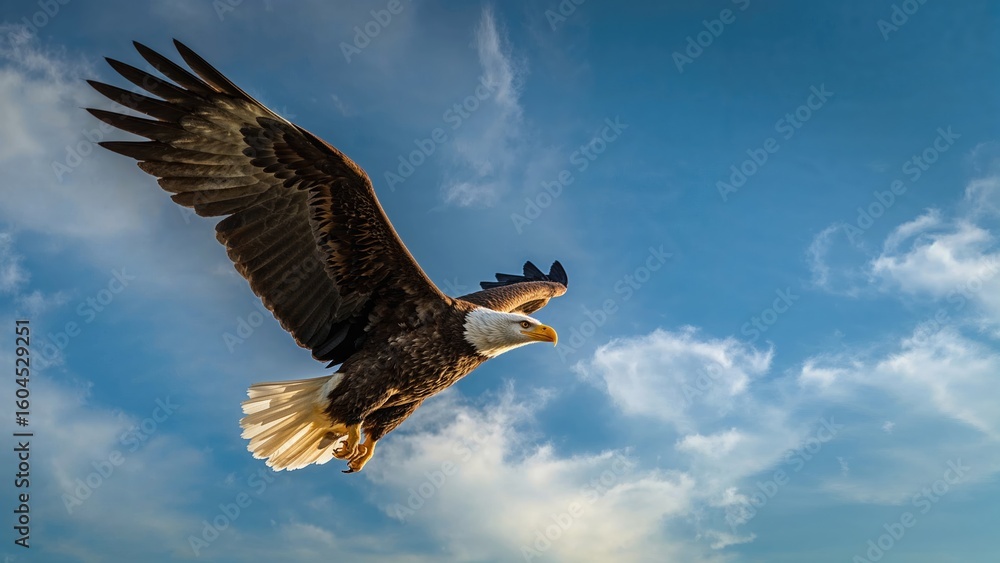 Obraz premium A powerful bald eagle cruising above with wings stretched out