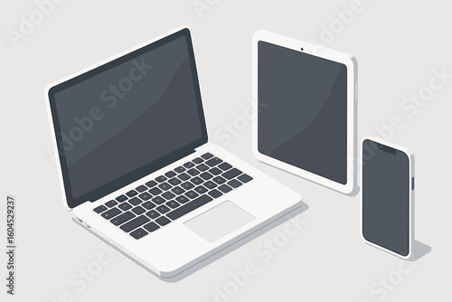 Isometric laptop mobile phone tablet computer mockup vector template. 3D perspective technology devices electronics digital gadgets illustration cartoon style grey background