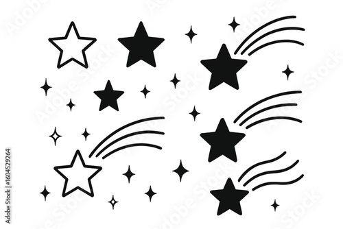Outline, filled and shooting star icon bundle with glitter comet tails, festive sparkle symbols, decorative magical elements for Christmas design, transparent background vector set