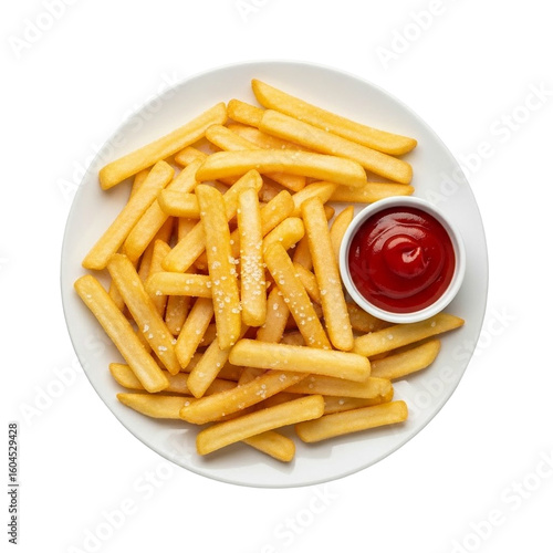 Golden French Fries Sprinkled with Salt Served with Ketchup on a White Plate on Transparent Background