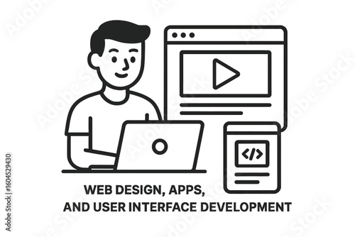 Thin line icon of male developer using laptop for website design, mobile app coding and UI prototyping with browser window, play video symbol, code tag screen, concept illustration