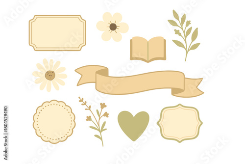 Vintage beige scrapbook embellishments vector set – ribbon banner, daisy flower, heart, foliage sprigs, open book icon, blank ornate labels, scalloped badge clipart for craft, journaling, DIY design