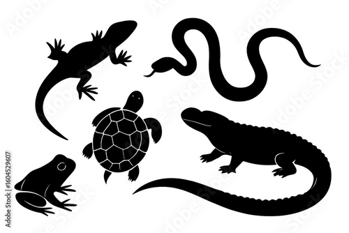 Reptile silhouette collection lizard gecko snake turtle tortoise frog crocodile alligator black vector icons isolated on white background wildlife herpetology educational graphic