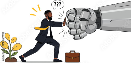 Man resisting robot punch ai threat automation job loss future technology workplace challenge illustration