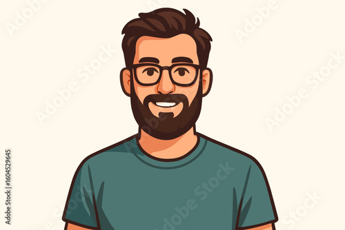 Vector portrait illustration casual bearded man with glasses. Male character avatar design. Friendly smiling person cartoon style. Professional business worker