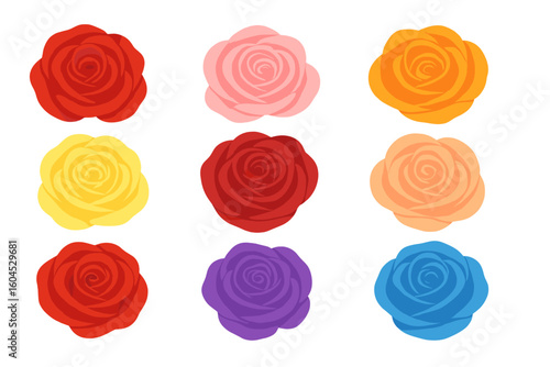 Colorful gradient roses set vector illustration on transparent background, vibrant red pink yellow orange purple blue rose icons, romantic floral clipart for wedding Valentine