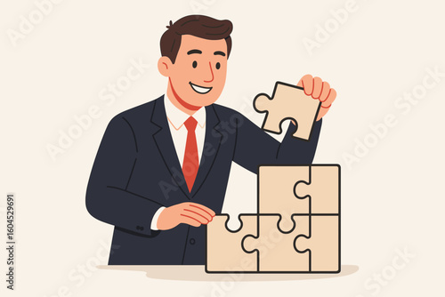 Businessman solving jigsaw puzzle completing final piece. Business problem solution concept. Corporate success achievement. Professional man finishing task project smiling