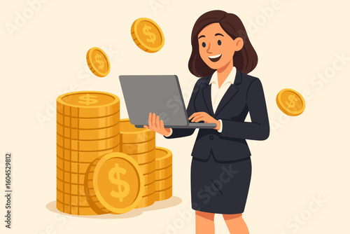 Happy female business investor using laptop with golden coin stacks, successful online money management, wealth growth, finance profit, digital banking, cartoon vector illustration