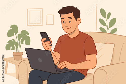 Remote work from home concept. Man multitasking with laptop computer and smartphone on sofa. Digital lifestyle telecommuting vector illustration flat design