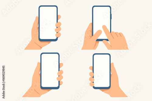 Mobile smartphone in hands mockup collection vector set. Four different hand gestures holding phone touchscreen device. Flat design illustration template for app UI UX