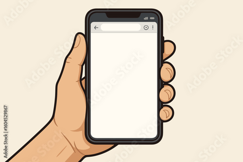 Hand holding smartphone with blank empty web browser screen mockup template. Mobile phone display vector illustration. Digital device technology concept design