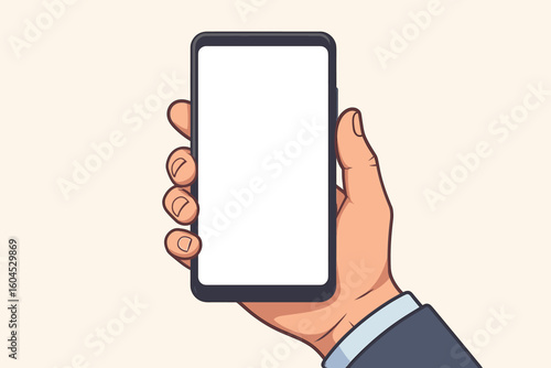 Male hand holding smartphone with blank screen mockup vector illustration. Business man grip mobile phone device. Technology communication concept. Cartoon style vector graphic