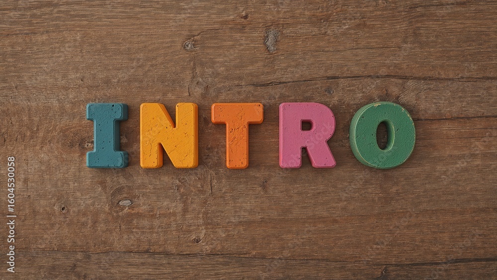 Fototapeta premium Alphabet letter blocks forming the word 'intro' on a wooden surface