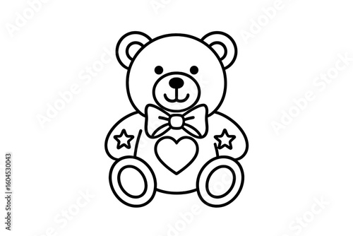 Cute teddy bear outline vector with heart bow and star decorations on transparent background for Valentine’s Day gift graphic design illustration