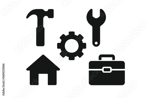 Versatile Tool Icons Vector Pack with Hammer Wrench Gear House Toolbox Symbols on Transparent Background for Industrial and Home DIY Concepts