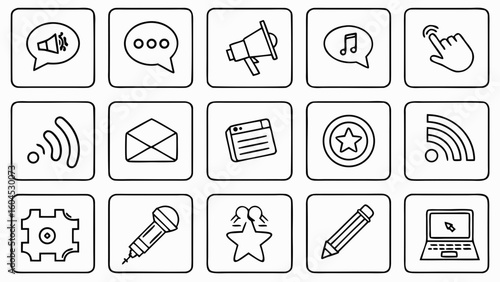 Editable Blogging Icon Set – 30 Thin Line Vector Icons in Clean 6×5 Grid – Includes Blog Post, Writing, Comments, Analytics, SEO, Sharing, Laptop, Hashtag – Transparent Background


