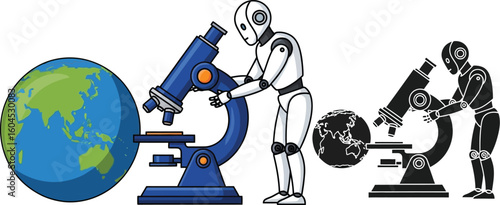 Ai robot scientist using microscope to research world global technology and future science research