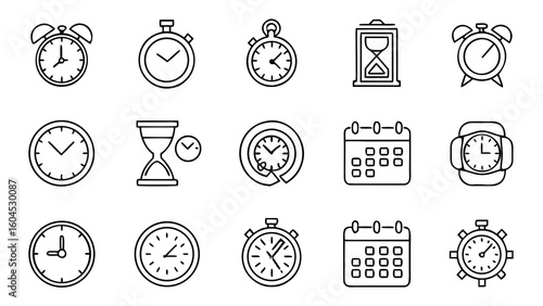 Editable Time Icon Set in Thin Line Style – Includes Stopwatch, Clock, Alarm, Calendar, Hourglass & More – 20 Essential Time Symbols in Perfect 5×4 Grid with Transparent Background

