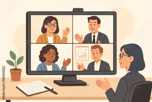 Remote work video conference business meeting online presentation virtual team communication digital workplace collaboration professional office vector illustration