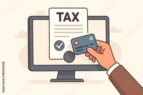 Online tax payment illustration. Hand holding credit card paying taxes on desktop computer screen with approved tax document. Digital banking, e-filing, secure fintech bill payment