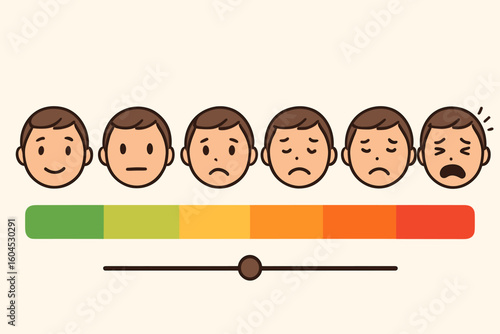 Pain scale measurement tool medical healthcare vector illustration with faces showing emotion levels from happy to crying for clinical assessment patient care
