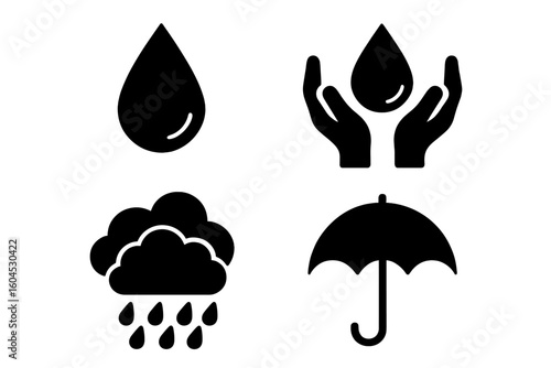 Water droplet and rain icon pack: single drop, hands cupping water, rainy cloud with falling drops, open umbrella symbols for water conservation, climate change, forecast vector