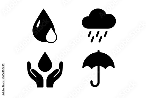 Water drop and oil droplet glyph icons with rain cloud, raindrops, umbrella, hands holding water symbol set. Flat pictogram for weather, climate change, flood, conservation themes