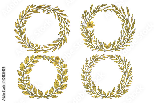 Vintage botanical laurel wreath collection with olive branches, wildflowers, herbs and foliage hand drawn in gold ink, elegant round floral frames clipart for rustic wedding logo design isolated