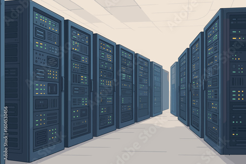 Data center server farm with rows of blue technology racks in perspective view. Cloud computing network infrastructure storage facility. Vector cartoon illustration