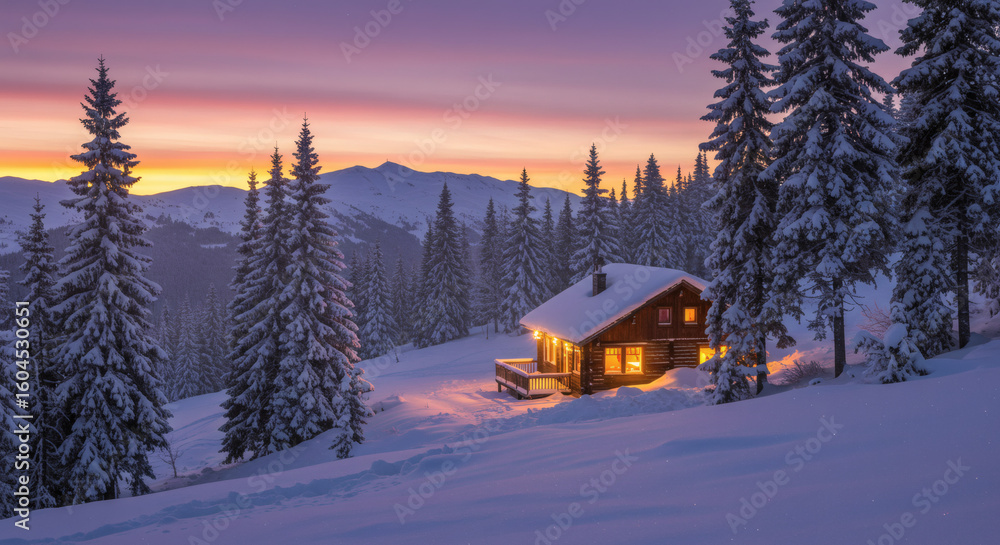 Naklejka premium A secluded wooden cabin with illuminated windows nestled in a serene, snow-covered mountain landscape at twilight.