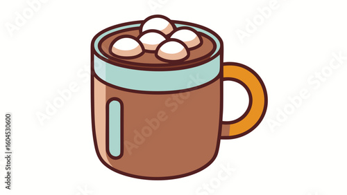 Mug of hot chocolate with marshmallows in colorful illustration 