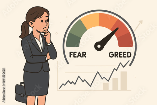 Businesswoman investor analyzing fear greed index gauge stock market sentiment trading emotions financial psychology decision making behavior vector cartoon illustration
