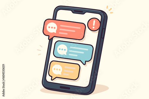 Mobile smartphone screen notifications display. Push messages alerts icons. Communication technology device vector illustration. Digital interface notification system concept.