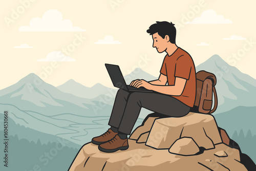 Remote work digital nomad freelancer sitting mountain peak laptop solitude independence outdoor office nature workplace isolation vector illustration