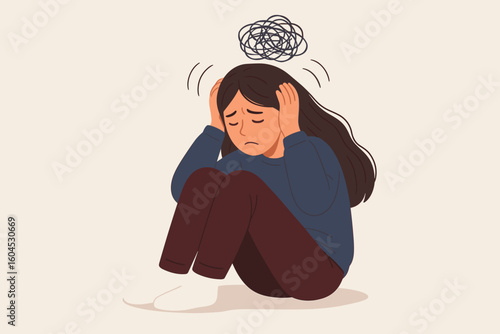 Teen girl depression anxiety attack overwhelmed stressed mental health problems concept vector illustration emotional distress psychological support therapy mindfulness