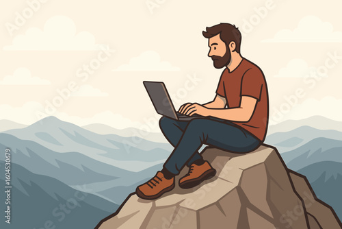 Remote work solitude concept. Digital nomad freelancer man working alone laptop computer mountain peak outdoor office. Independence peaceful nature workspace vector illustration