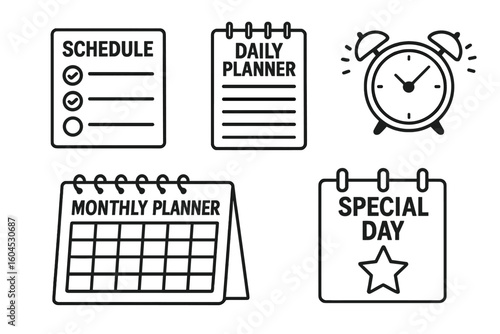 Vector outline icons of schedule checklist, daily planner notebook, alarm clock, monthly calendar organizer and special day reminder page for time management, productivity concept