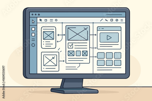 Web application prototyping interface design. Computer screen mockup wireframe UX UI development process. Digital software prototype sketch layout planning vector