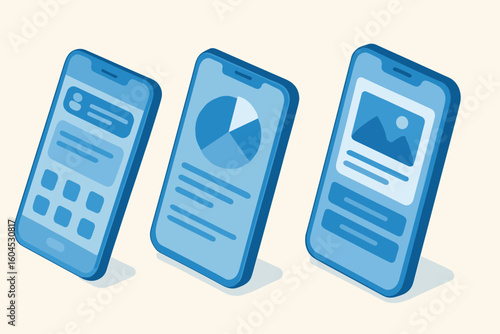 Isometric smartphone mockup set blue modern mobile phone vector template UI UX app interface design digital screen display technology business analytics dashboard concept