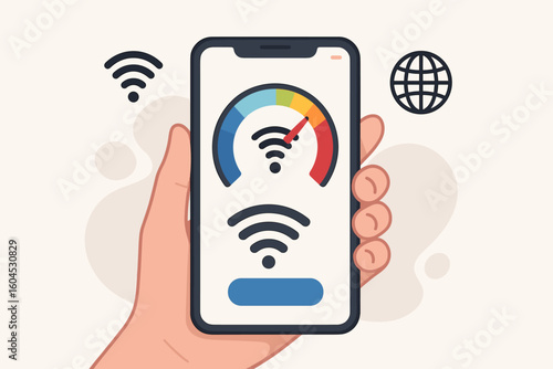 Internet speed test mobile app interface. Smartphone WiFi network performance measurement. Broadband connectivity speedometer gauge. Vector illustration technology concept