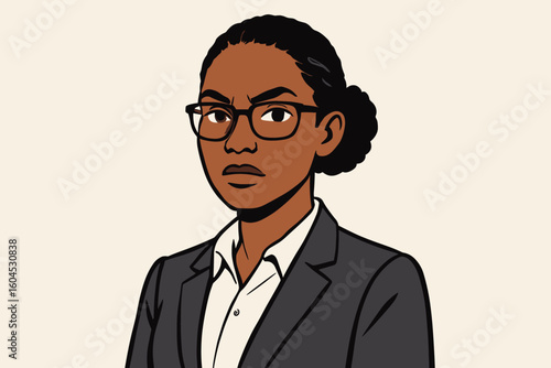 Serious Black business woman in suit portrait. African American female professional with angry face. Corporate office manager character vector illustration. Ethnic lady avatar.