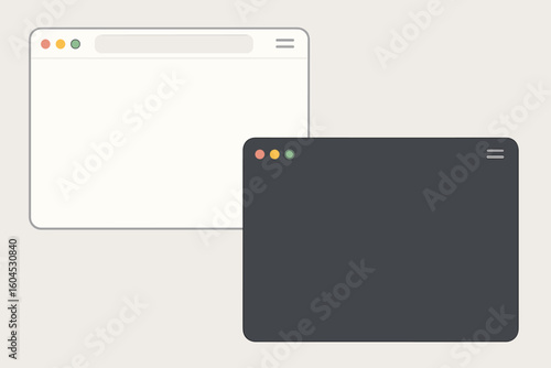 Browser window mockup in light and dark mode. Blank web browser template for website design. Vector illustration of user interface. UI, UX concept empty page frame.