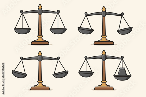 Balance scales collection vector illustration set. Justice weight scale equilibrium unbalanced cartoon graphic. Legal measurement symbol icons isolated