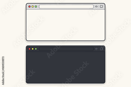 Browser window mockup vector template. Blank unbranded web browser in light and dark mode. Website page interface for desktop computer. Flat cartoon vector illustration.