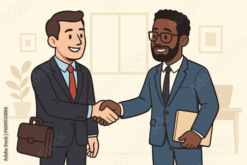 Two diverse businessmen shaking hands in an office. Partnership and agreement concept. Business deal, cooperation, and success. Negotiation vector illustration. Friendly meeting.