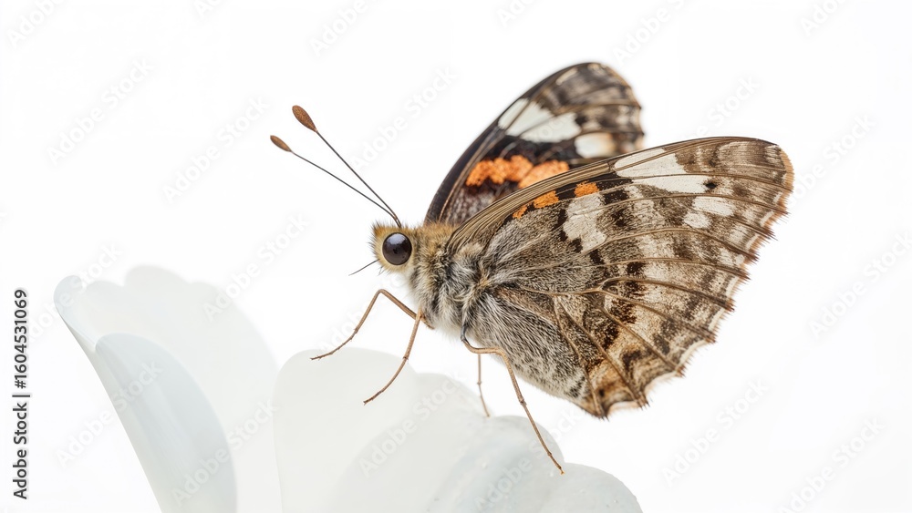 Obraz premium Detailed view of a vibrant butterfly on a white surface