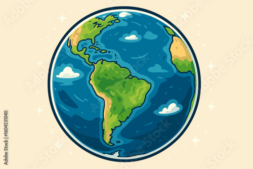 Planet Earth globe with South America continent view from space. World map geography vector illustration. Cartoon style environmental education graphic design