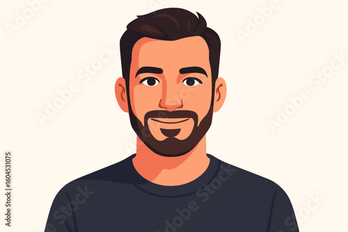 Male portrait vector illustration. Young man face cartoon character with beard and dark hair. Professional avatar person profile front view flat design